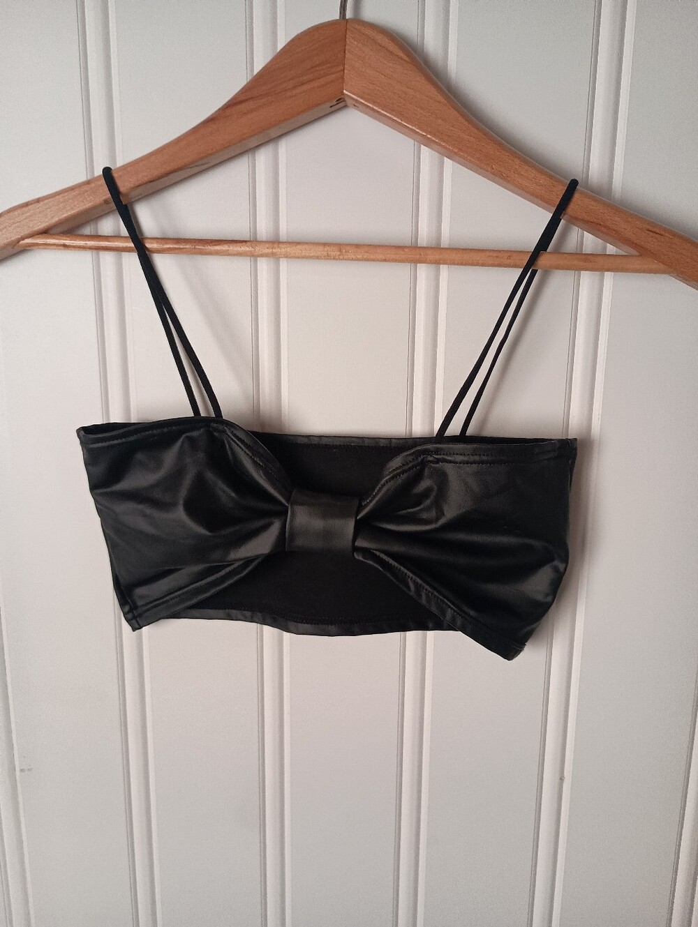 Festival Fun! Black Faux Leather Bow Crop Top- Size S